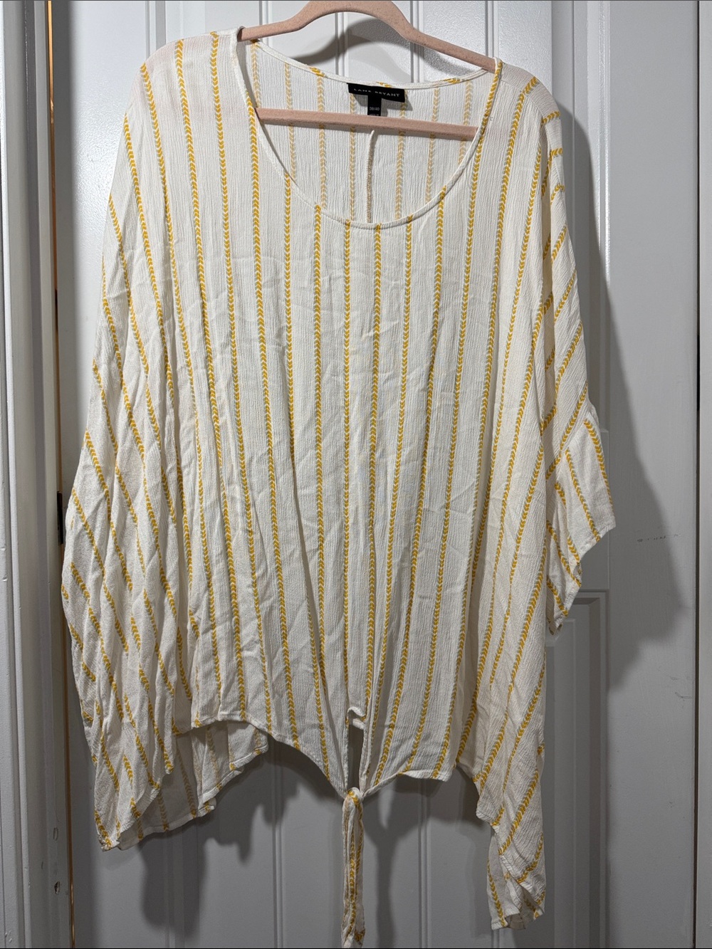 Lane Bryant Cream and Yellow Striped Tie-Front Tunic